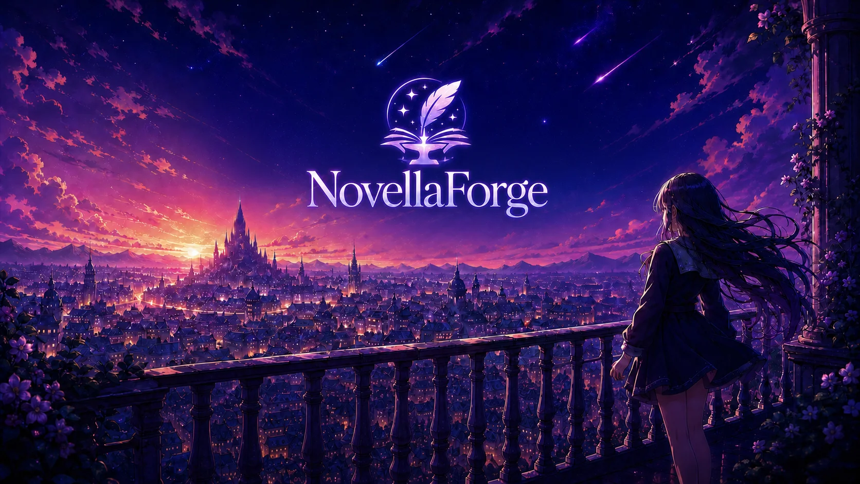 NovellaForge Player artwork showing a story world at sunset