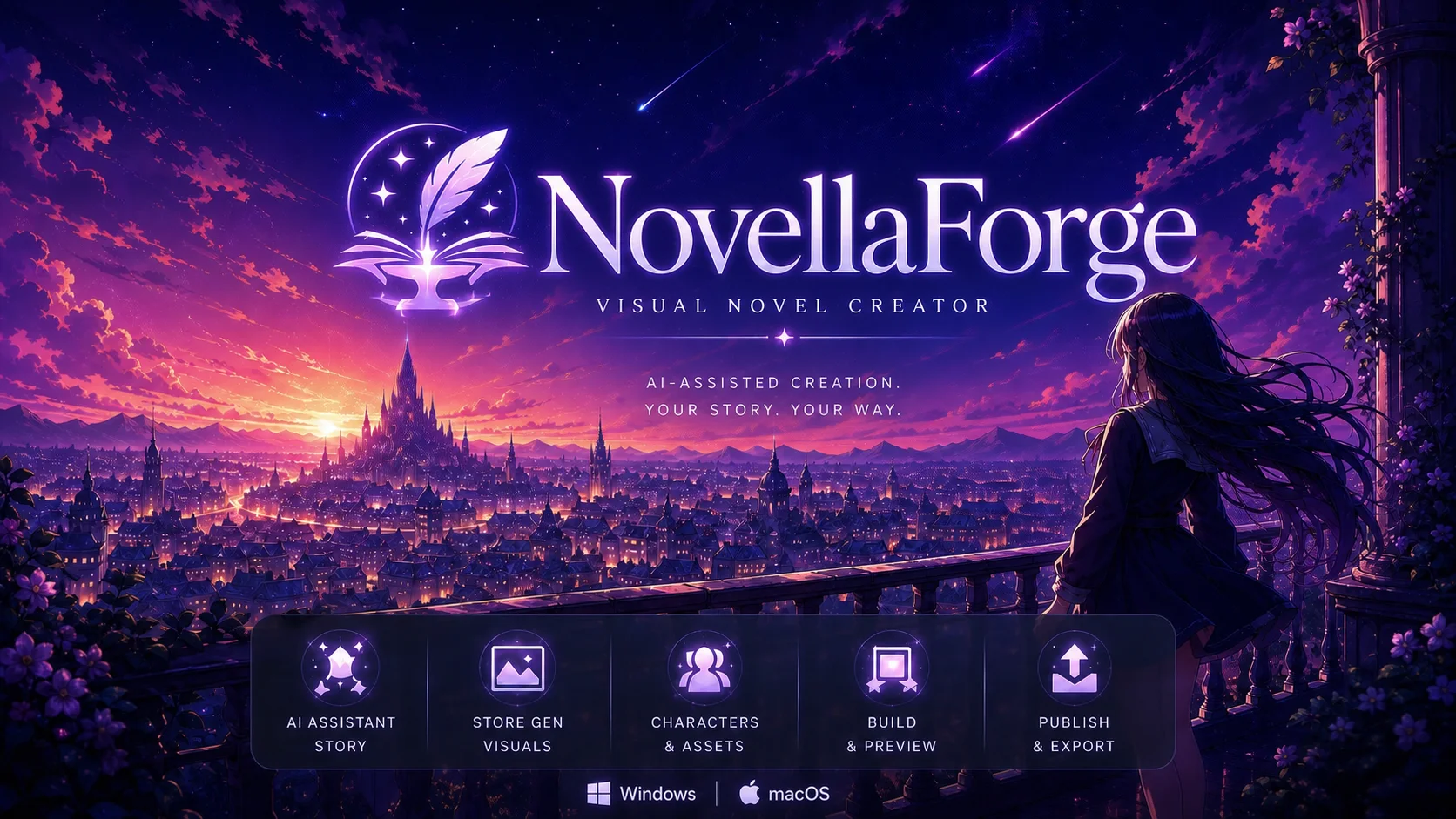 NovellaForge splash artwork: a writer overlooking a luminous city at dusk