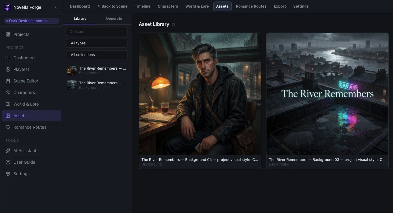 NovellaForge Creator Studio asset library with character artwork and a story-world background