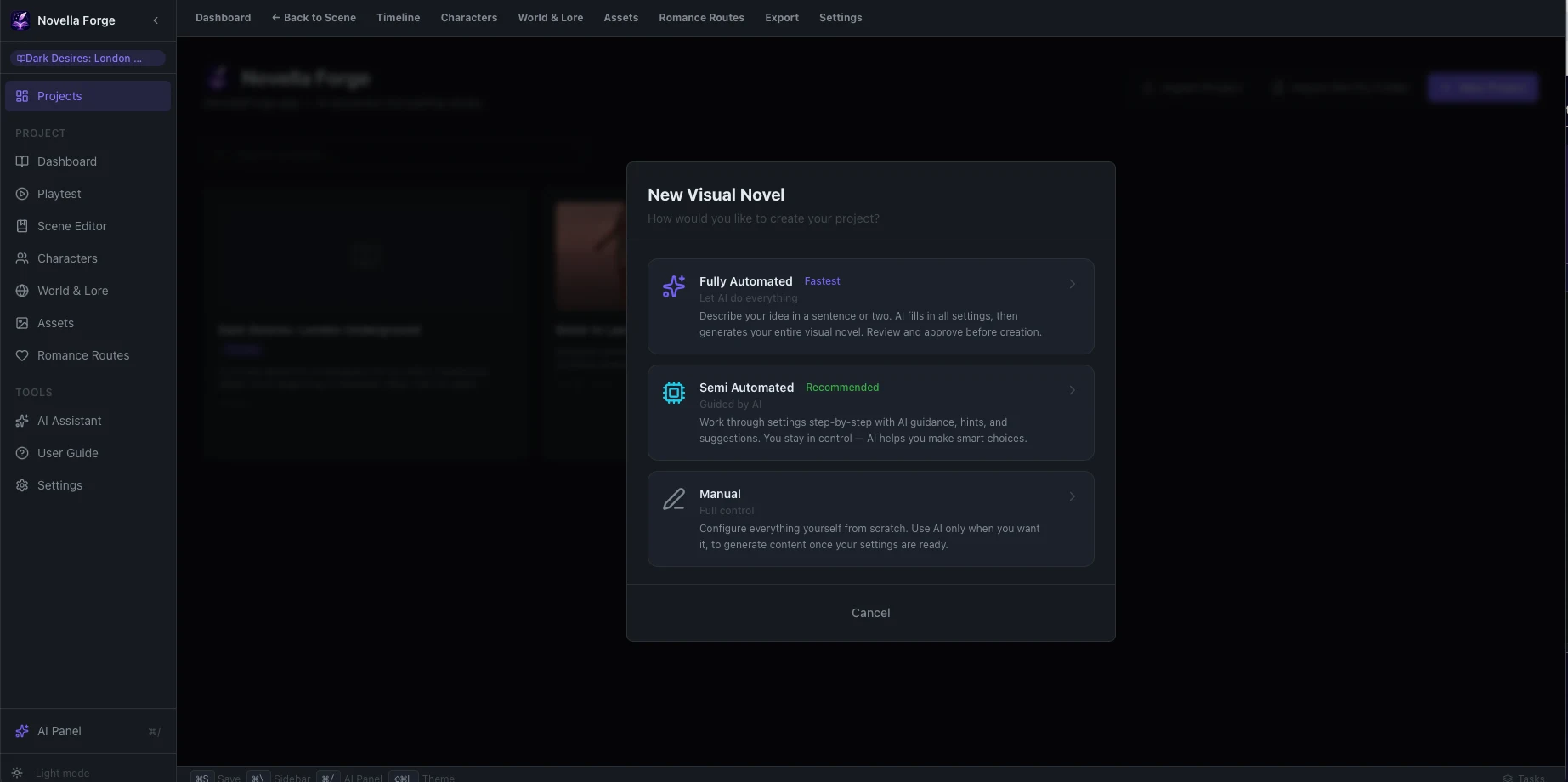 NovellaForge Creator Studio new visual novel dialog with fully automated, semi automated, and manual workflows