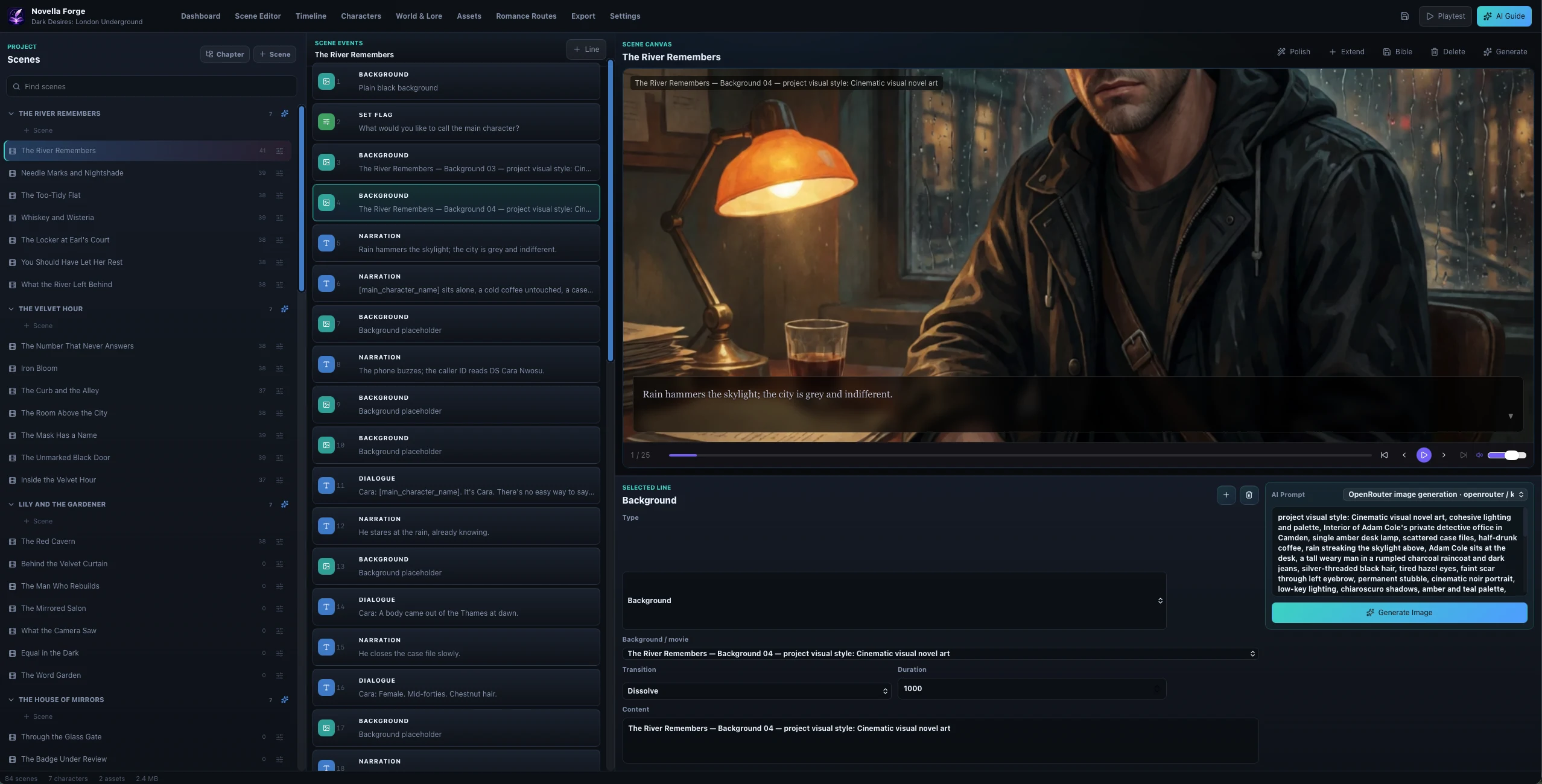 NovellaForge Creator Studio scene editor showing scenes, scene events, a cinematic preview, and AI generation controls