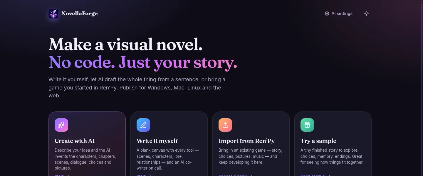 The NovellaForge home screen: Create with AI, Write it myself, Import from Ren’Py and Try a sample