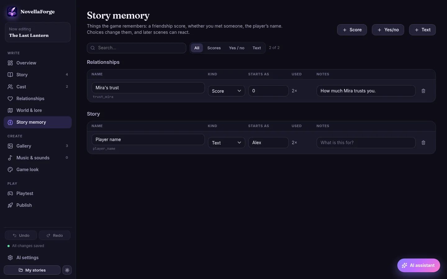 The story memory page